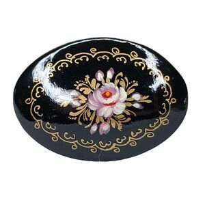 Vintage Russian Floral Brooch Hand Painted Black Gold Pink Purple 2" Oval Signed